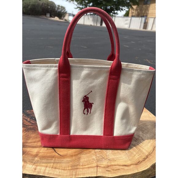 Ralph Lauren Big Pony White Red Striped Canvas Tote Bag 10"Lx9"Hx5"D Old Money - Picture 1 of 6